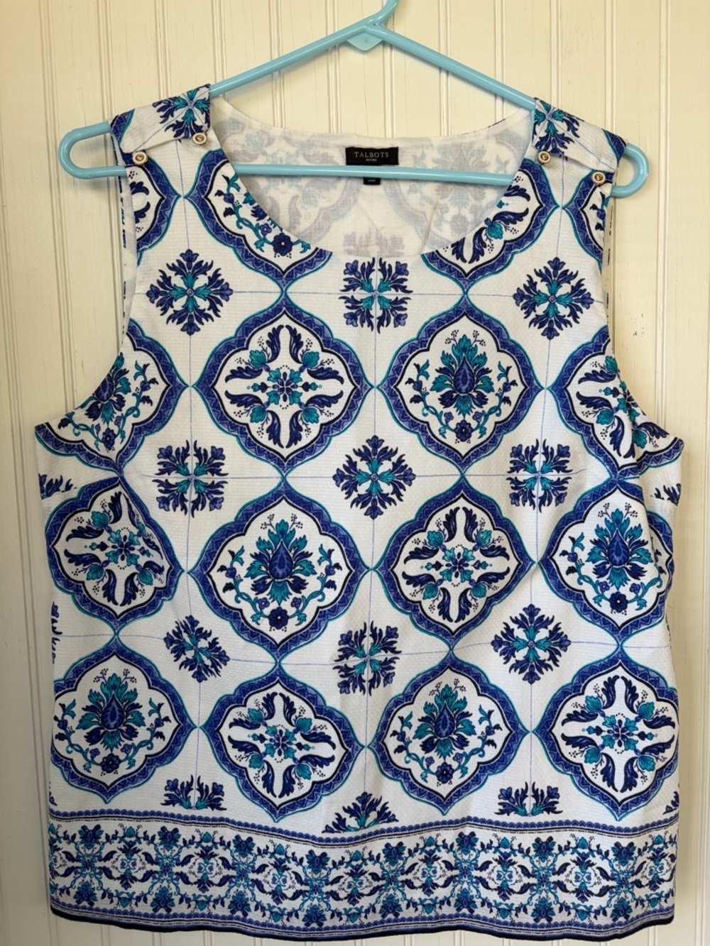 Talbots White Tank Top with Blue & Teal Tile Print